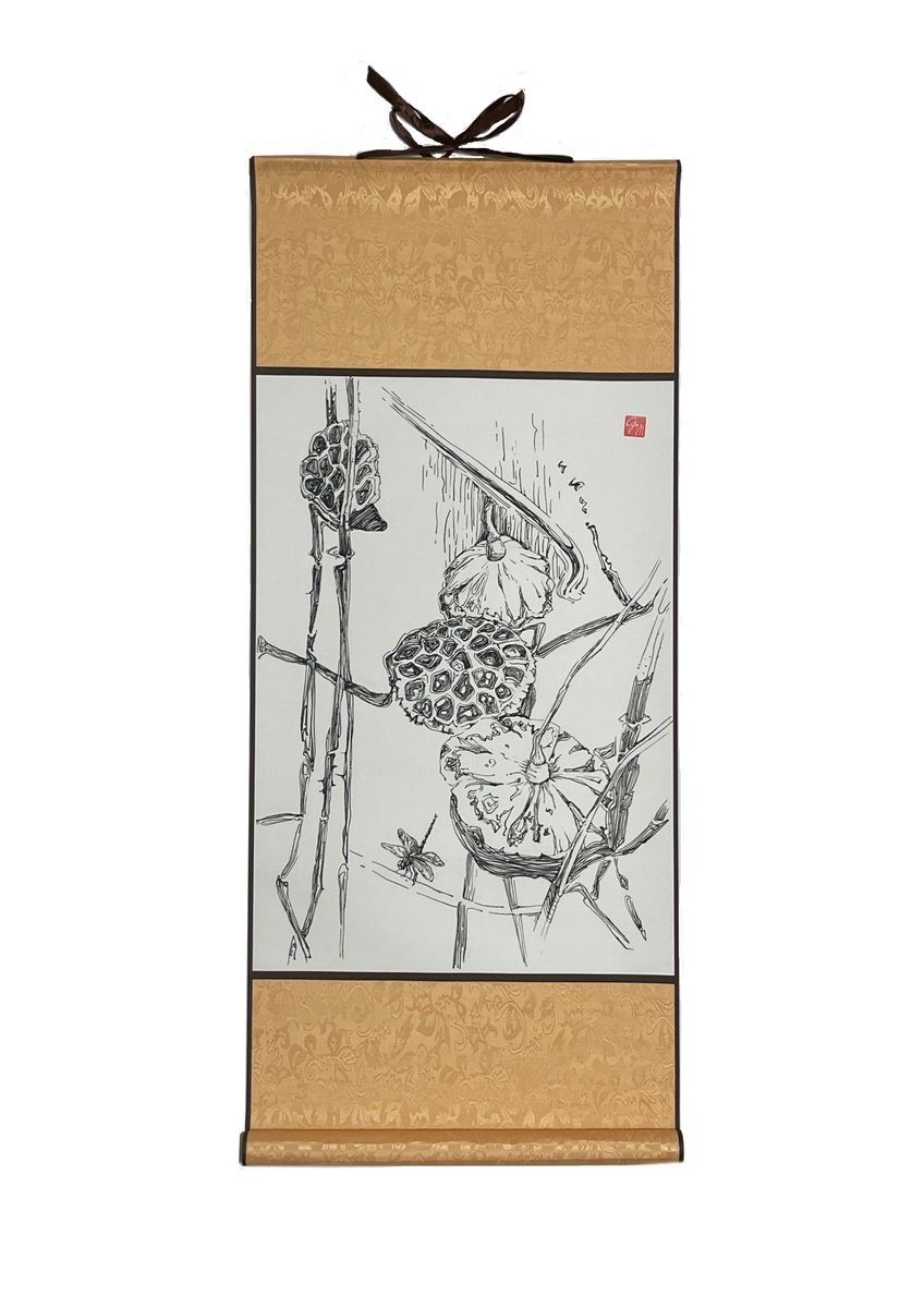 Botanical Ink Drawing By Guzel Min, 13 X 28, Lotus Pods.dragonfly, Original Artwork