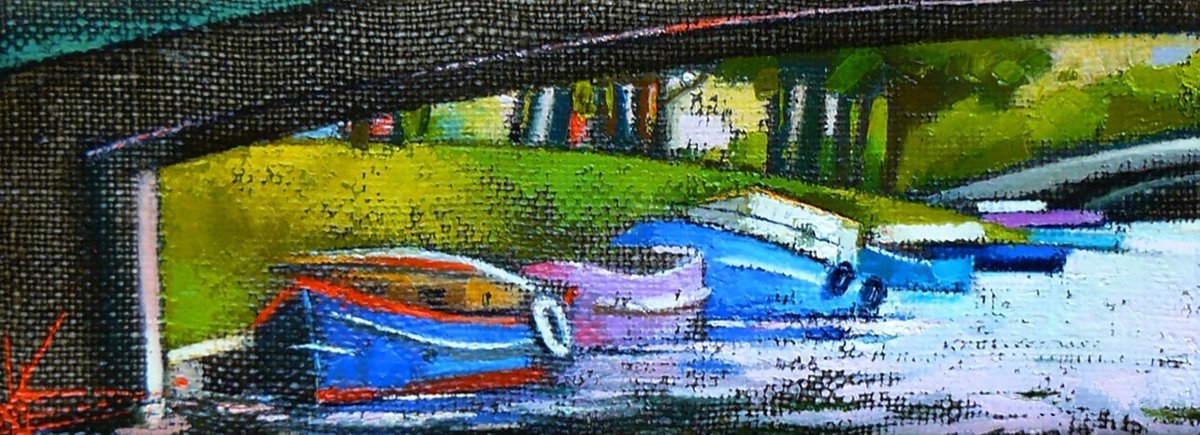 Impressionistic Cityscapes Oil Painting By Oksana Kornienko, 13 X 5", Petersburg Boats, Original Artwork