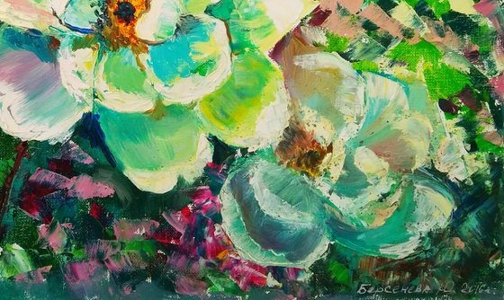 White rose hip, Wild Rose Painting Flower Original Art Abstract Floral Artwork 50x35 cm, ready to hang.