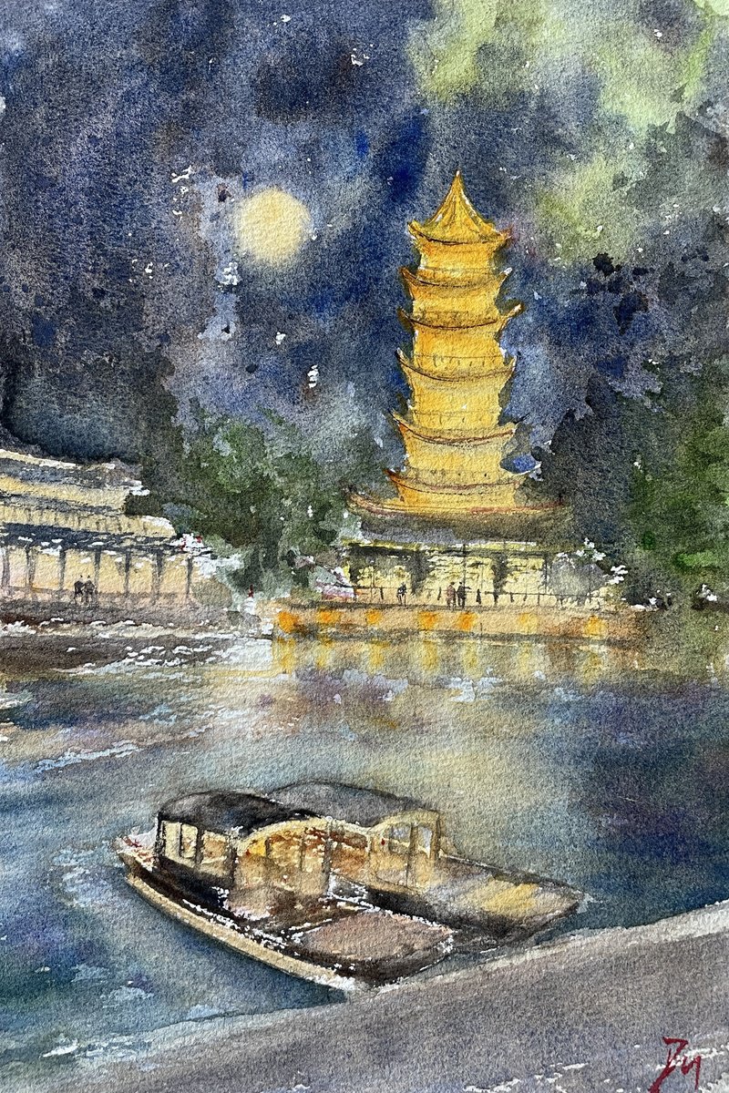 Impressionistic Landscape Watercolour By Shelly Du, 8 X 12", Pagoda And Boat, Original Artwork