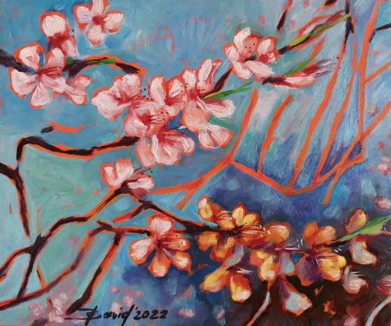 Almond blossom oil painting on wood