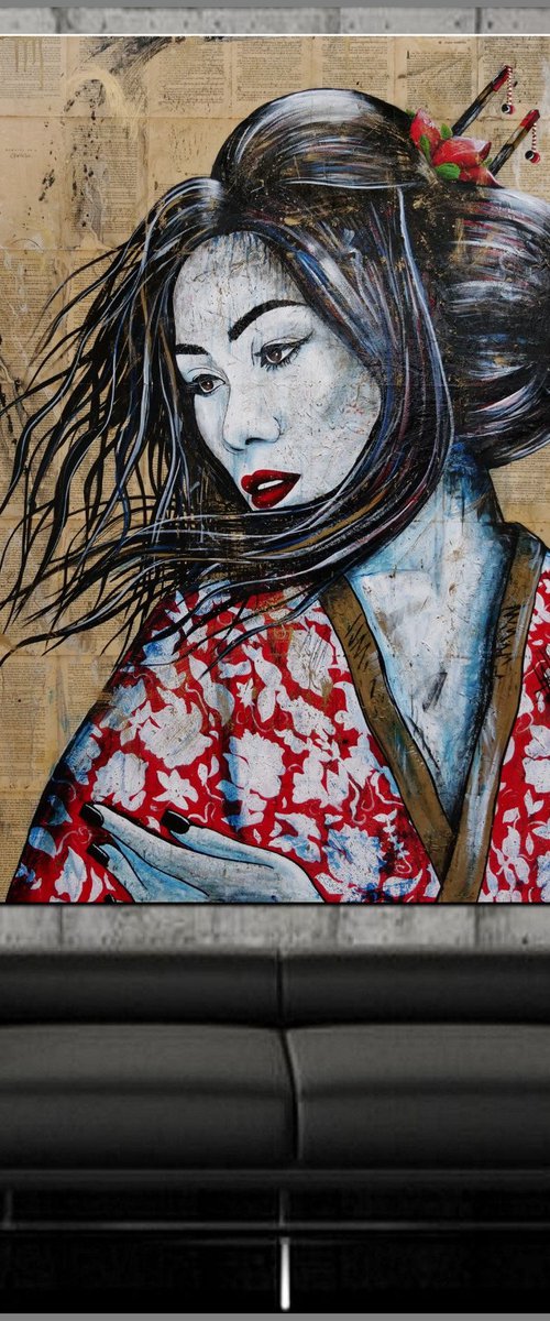 Boketto (Reason for Being) 120cm x 150cm Geisha Book Page Urban Pop Art by Franko