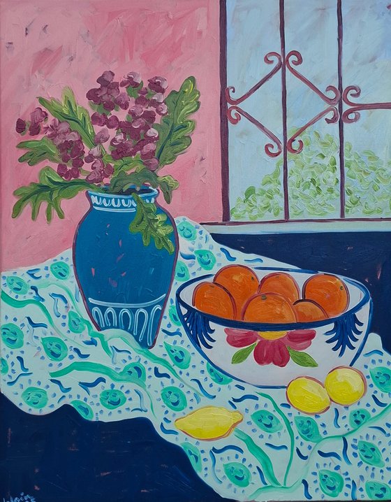 Still Life with Oranges and Window View