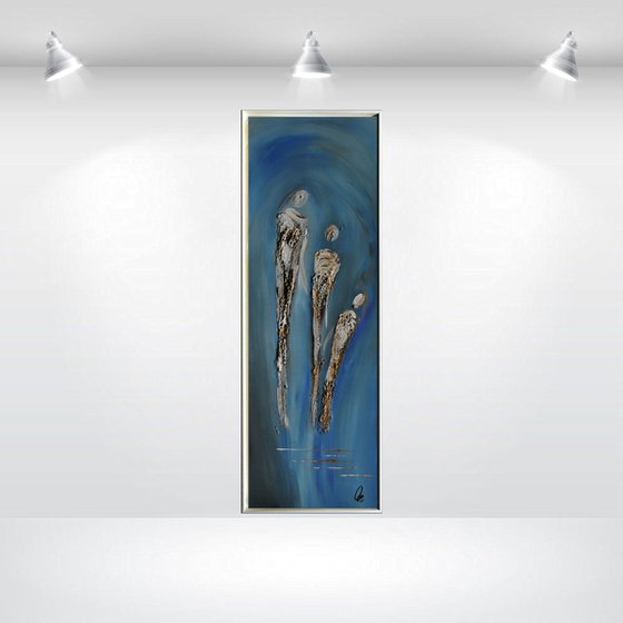 Family - abstract acrylic painting, canvas wall art, blue, black, white gold, framed modern art