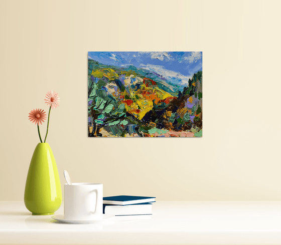 "Sun in mountains", 18*24cm, impressionistic oil mountains landscape etude painting