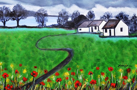 Scottish Landscape painting with dark clouds and lush greenery