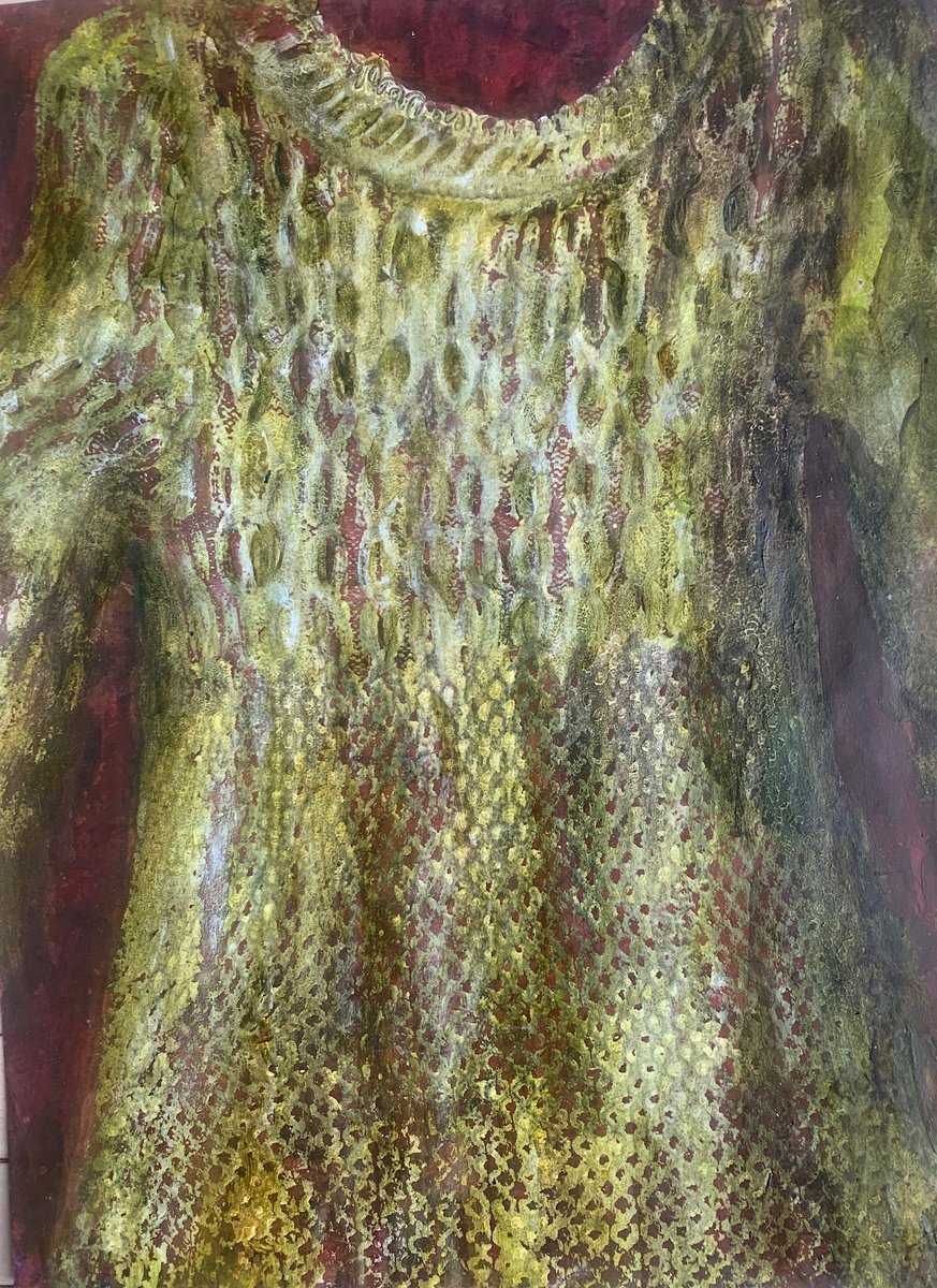 Impressionistic Still Life Acrylic Painting By Suzsi Corio, 16 X 22", Green Knitted Sweater, Original Artwork