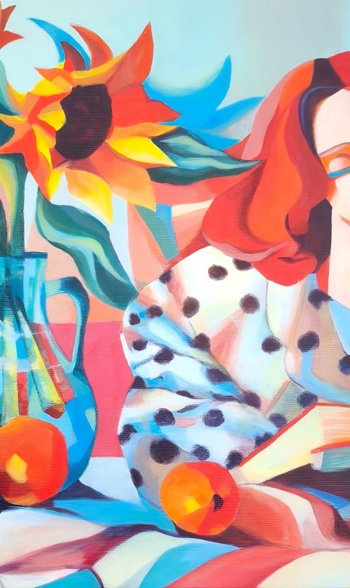 Woman Reading with Sunflowers – Red Hair Lady by Elena Gotovtseva