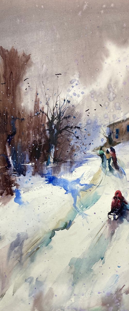 Watercolor “Winter childhood games II” perfect gift by Iulia Carchelan