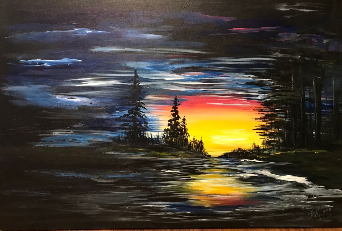 Impressionistic Landscape Acrylic Painting By Carolyn Shoemaker (Soma), 36 X 24, Brillant Sky, Original Artwork