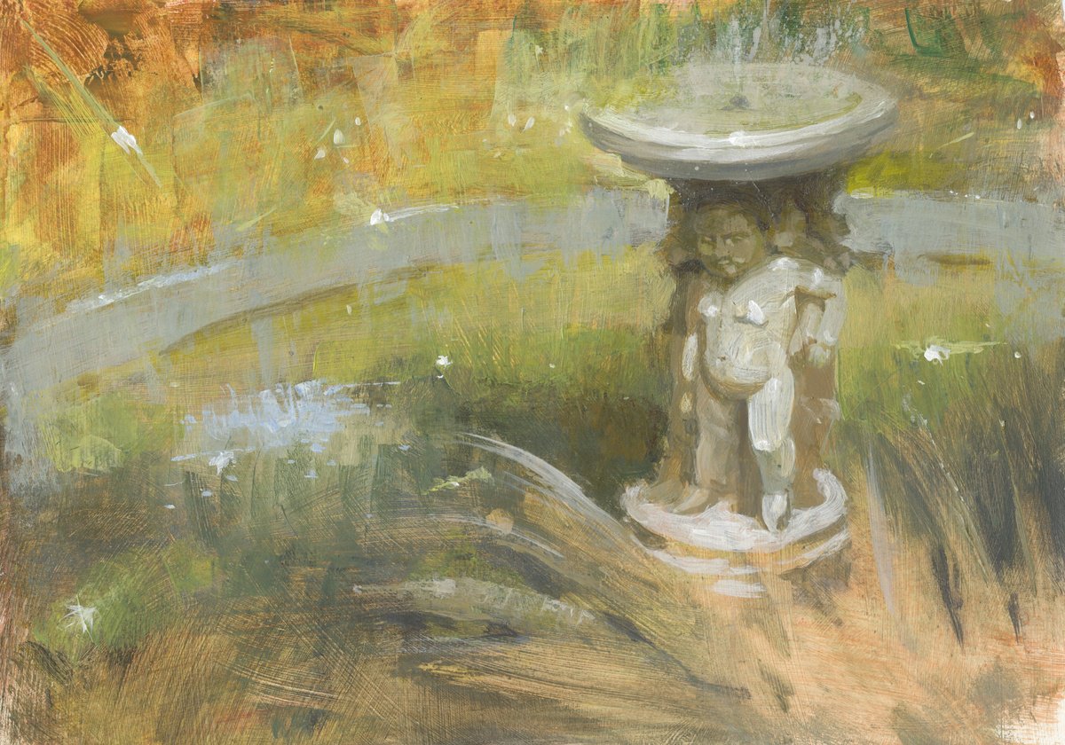 Impressionistic Botanical Acrylic Painting By Ray Belletty, 12 X 8", The Rookery Water Fountain, Original Artwork