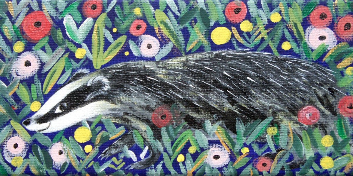 Illustrative Animal Acrylic Painting By Victoria Lucy Williams, 8 X 4", Badger In The Wildflowers, Original Artwork