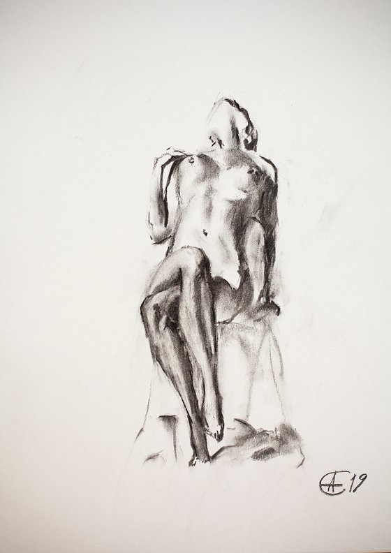 Nude in charcoal. 1. Black and white minimalistic female girl beauty body positive