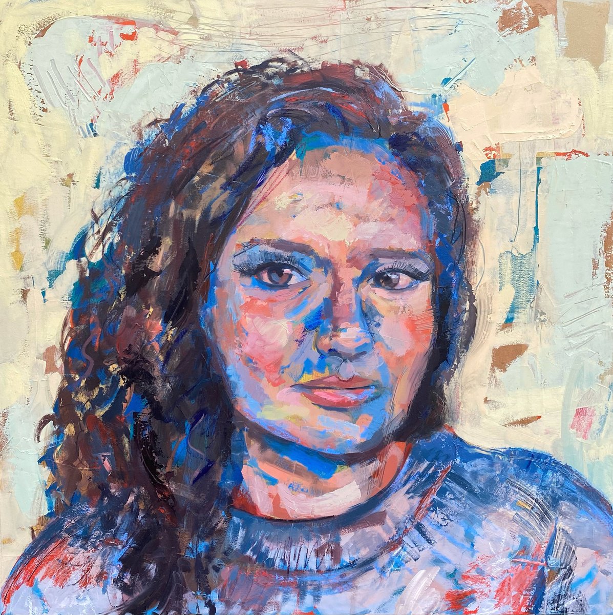 Expressive Portrait Painting By Andrew Newton, 31 X 31, Portrait Of Sally, Original Artwork