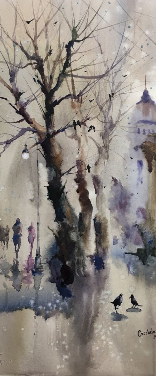 Watercolor "The beauty of crows” by Iulia Carchelan