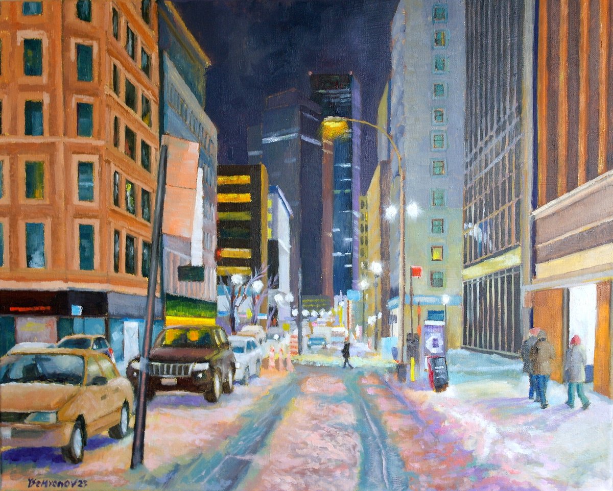 Expressive Cityscapes Oil Painting By Juri Semjonov, 20 X 16", New York, Night Winter Street, Original Artwork