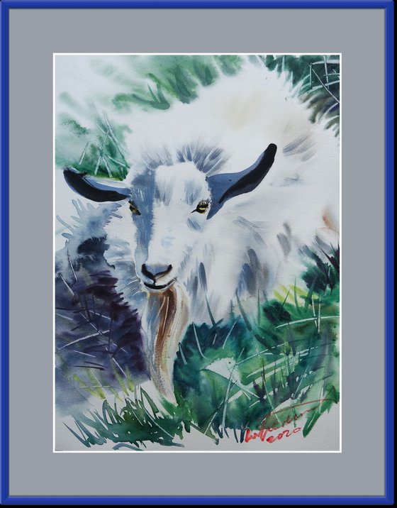 Goat Watercolor Painting, Farm Animal Portrait, Livestock Portrait, Animalist Aquarelle, Goat Painting in Water Colors, Farm House Wall Art Decor