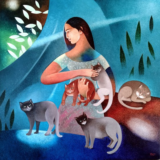 Lady with her cats Acrylic painting by Raji Pavithran | Artfinder