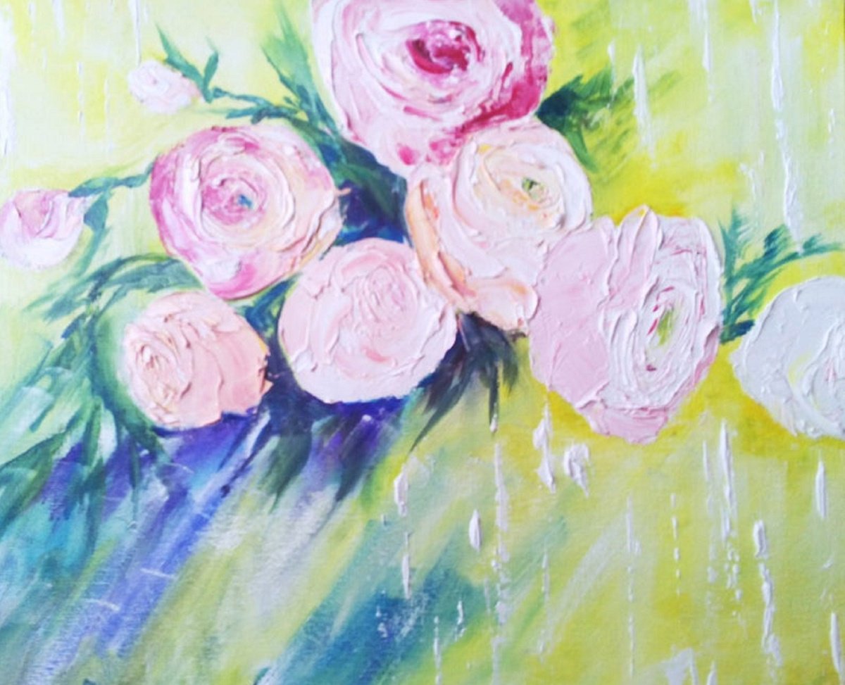 Abstract Botanical Oil Painting By Tetiana Pchelnykova, 14 X 12", Summer Mood, Original Artwork