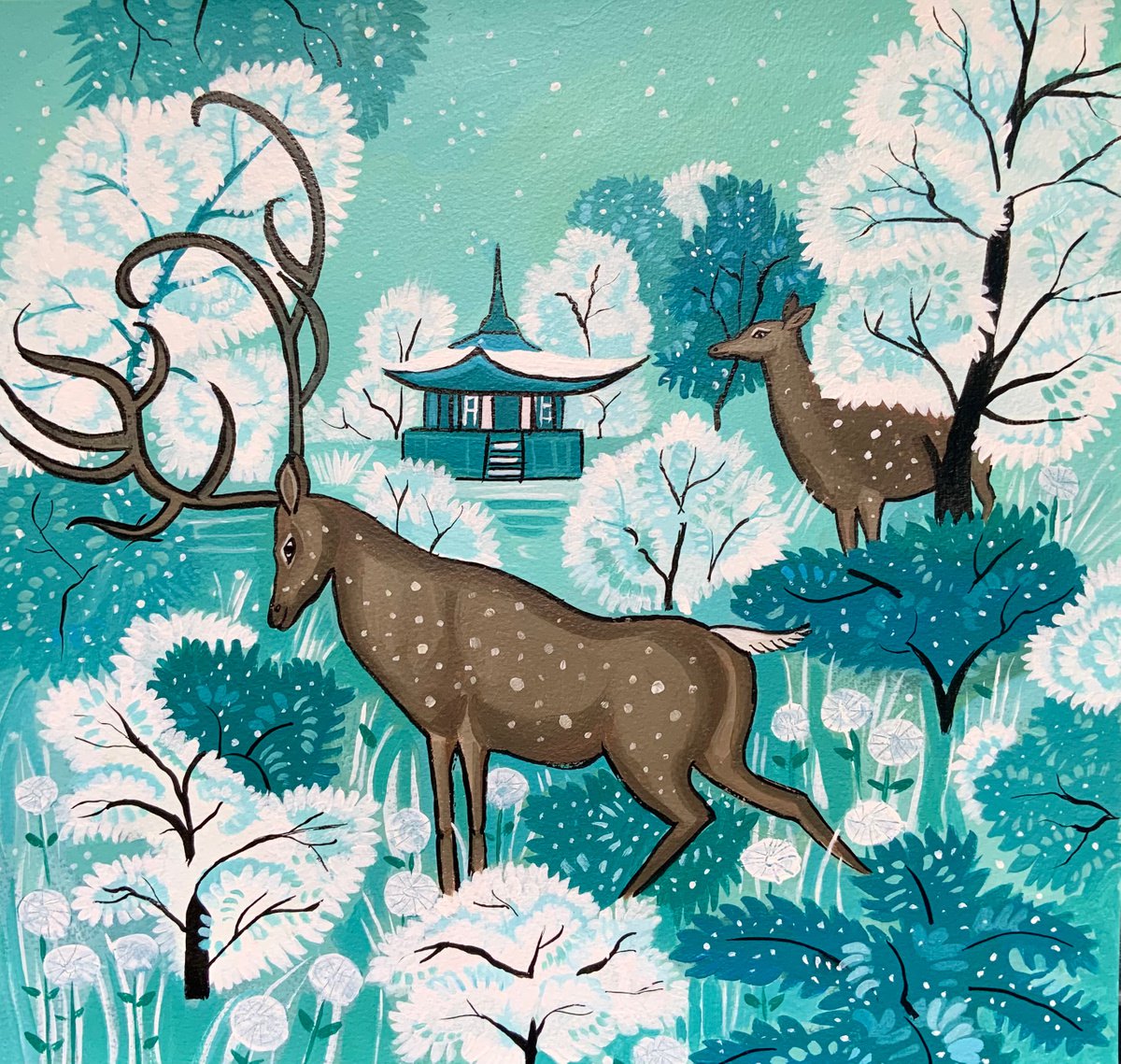 Deer in winter forest - landscape painting by Mary Stubberfield