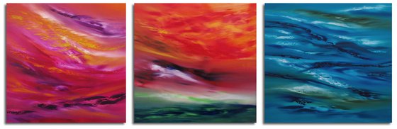 Sky Element,  Full Series  - Triptych n° 3 Paintings, Deep edges, Original abstract, oil on canvas