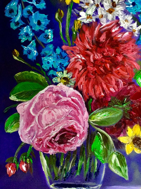 BOUQUET OF SUMMER FLOWERS    palette knife modern Still life Dutch style office home decor gift