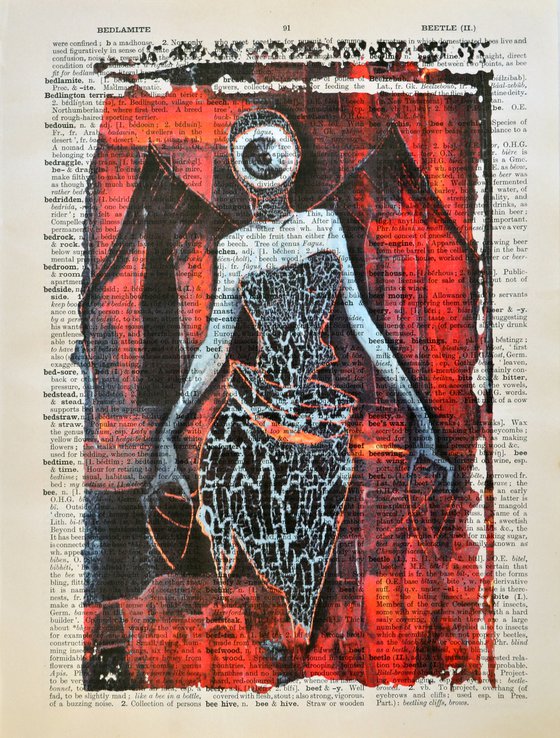 Dark Angel Eye - Collage Art on Large Real English Dictionary Vintage Book Page