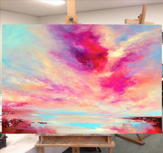 "Skies Ode" pink, gold, blue abstract painting, 73cm x 54cm