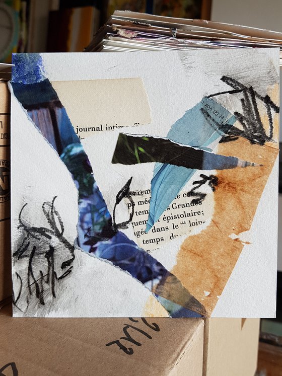 The blue ribbon - abstract mixed media and collage on paper - small size - orange brown white