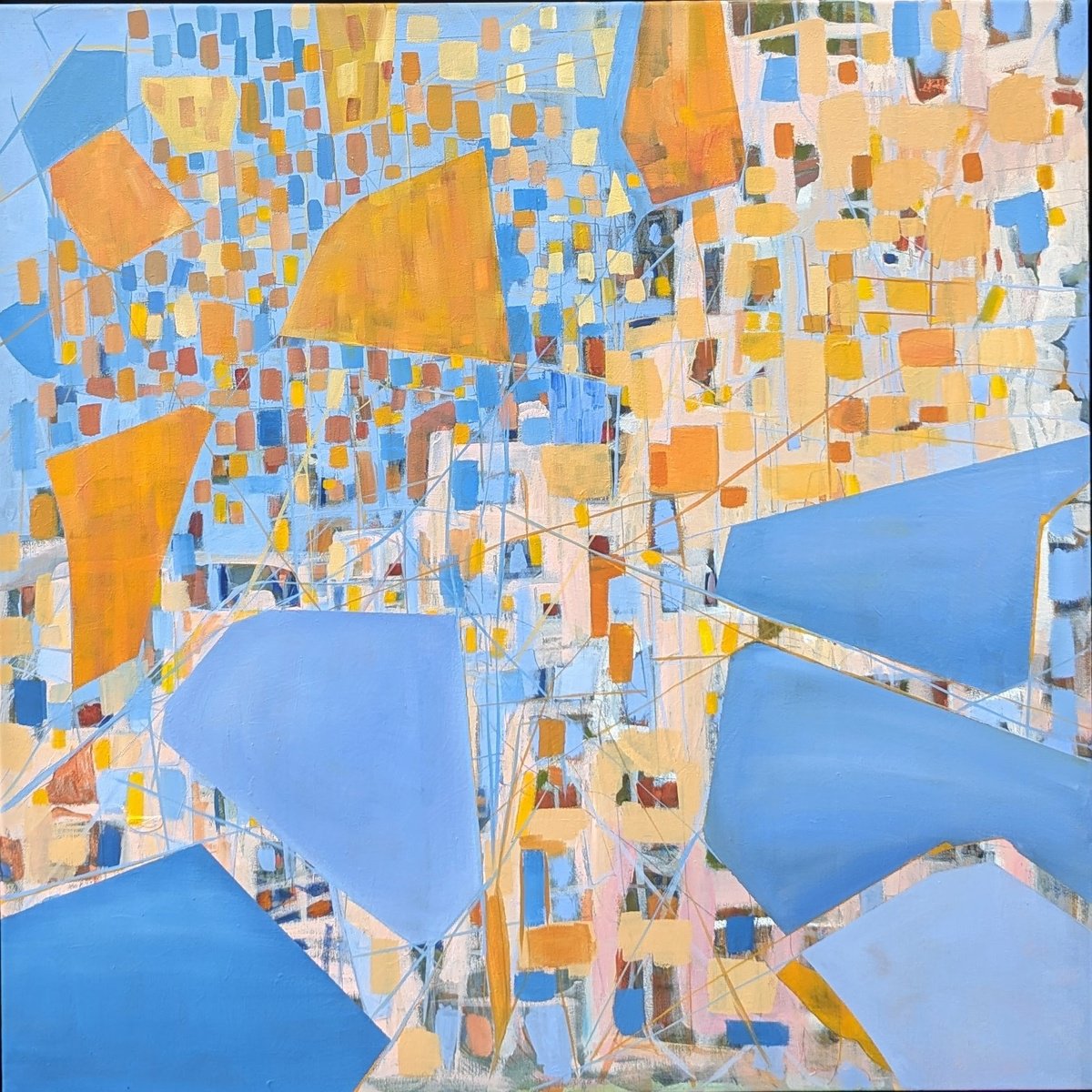 Geometric Landscape Oil Painting By Alena Reit, 35 X 35, Vocation, Original Artwork