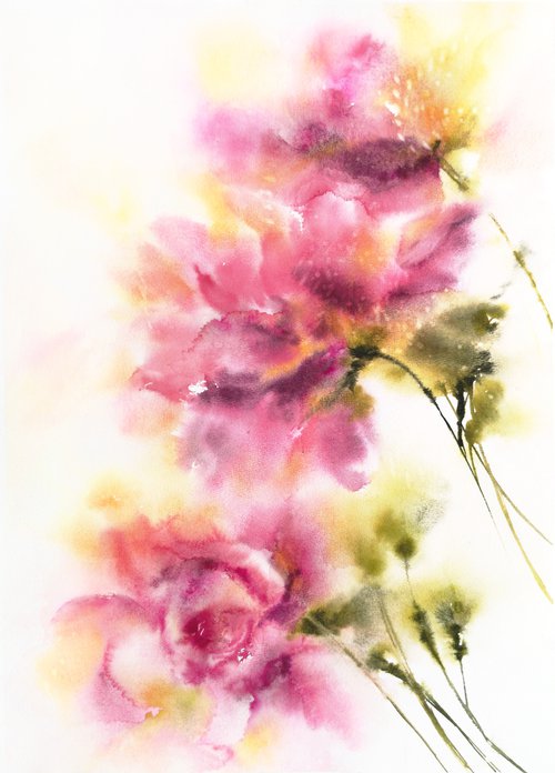 Pink flowers, abstract floral bouquet, watercolor by Olga Grigo