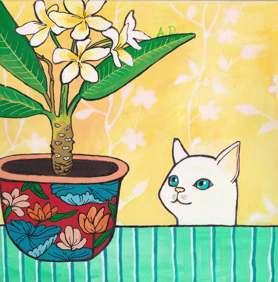 "Curious cat and plumeria in red floral pot." Maximalist Modern Matisse-Inspired Original Painting