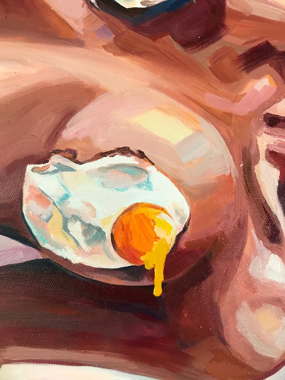 I CAN COOK ALSO - oil painting, eggs, nude, naked woman, erotic art, original gift, home decor, poster, office, pop art