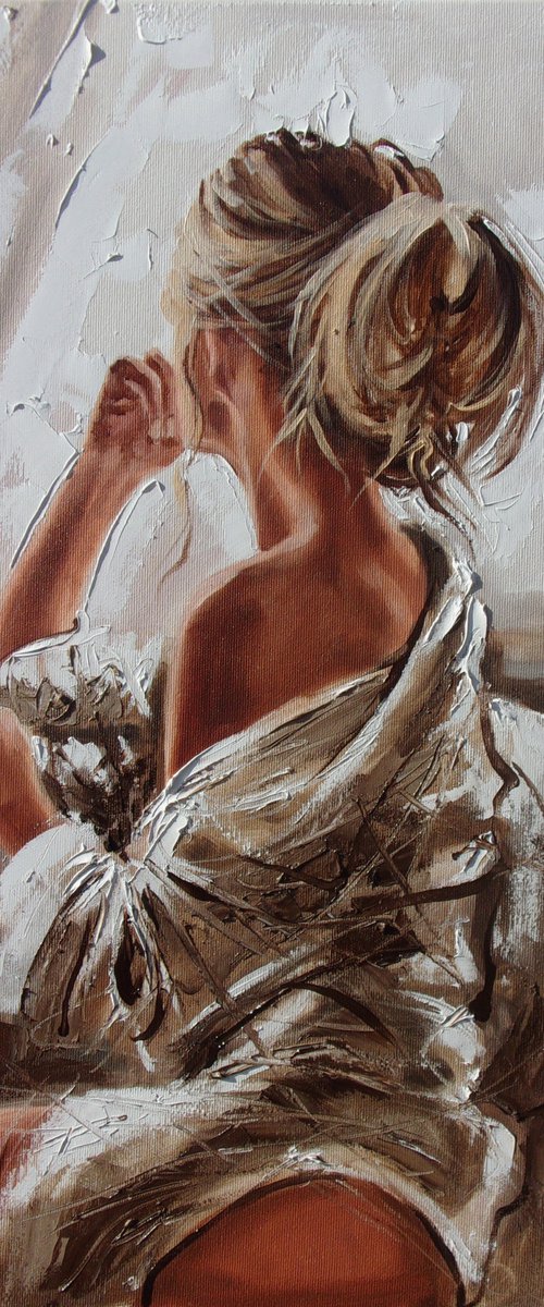 " SPRING ... "-   liGHt  ORIGINAL OIL PAINTING, GIFT, PALETTE KNIFE nude WINDOW by Monika Luniak