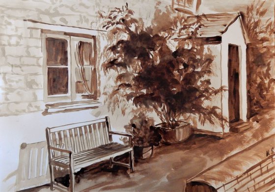 Old house. Coffee painting.