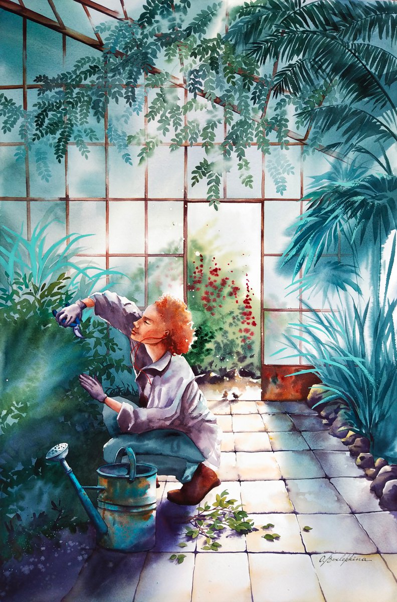 Botanical garden fairy #03- large watercolor painting, girl in the greenhouse by Olga Bezlepkina