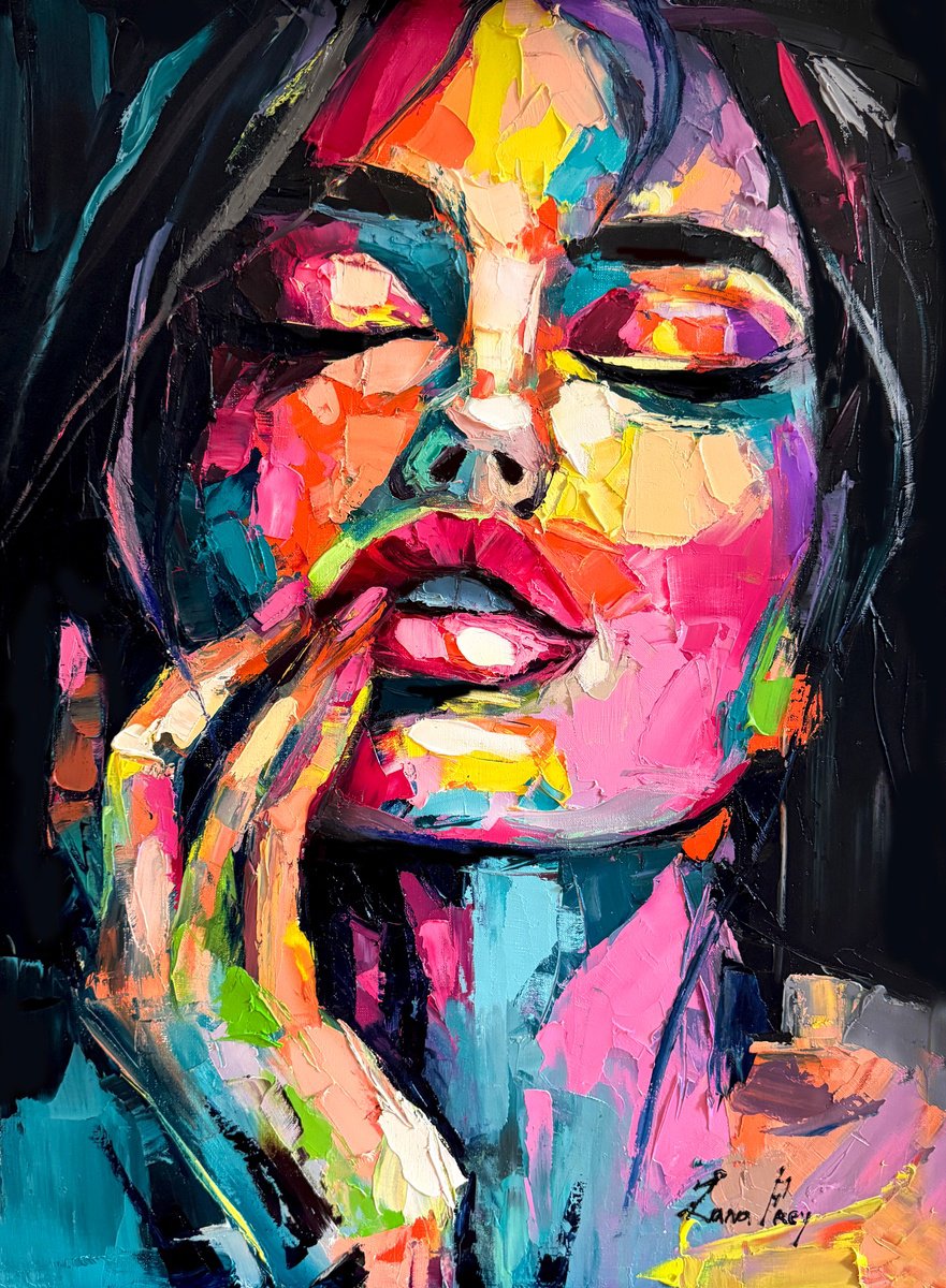 Expressive Portrait Oil Painting By Lana Frey, 24 X 31", The Taste Of Color, Original Artwork