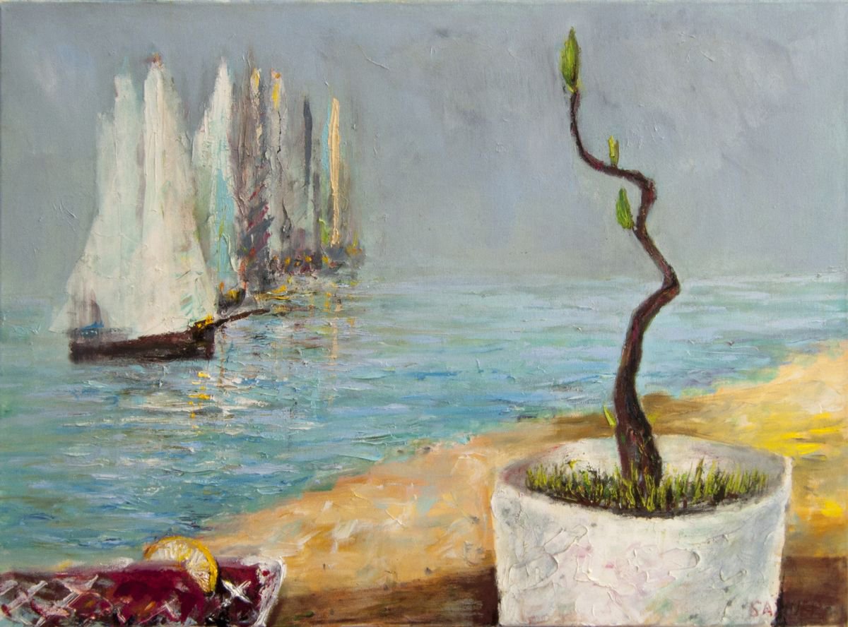 Impressionistic Landscape Oil Painting By Leo Baxiner, 39 X 28", Fires Of Yachts, Original Artwork