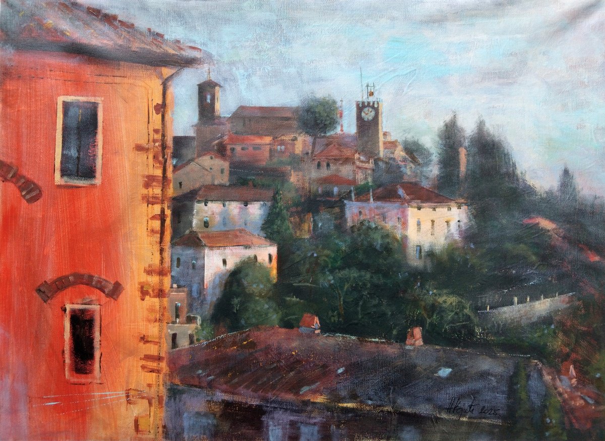 Impressionistic Cityscapes Acrylic Painting By Nenad Kojic, 26 X 19", Montekatini Fortres Italy, Original Artwork