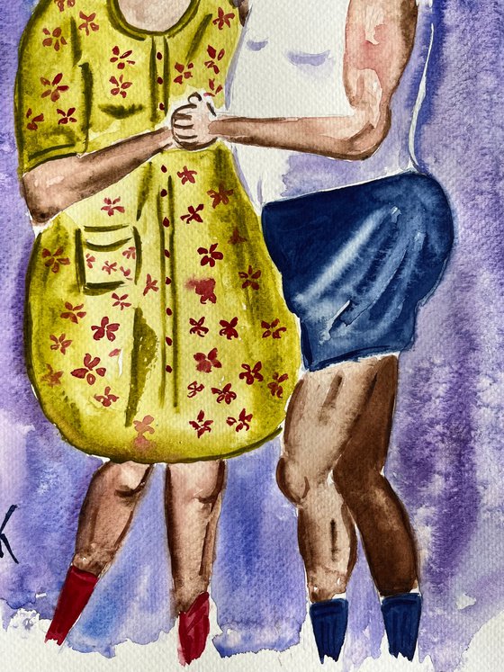 Couple Painting Dance Original Art Dancing Watercolor Artwork People Home Wall Art 10 by 14" by Halyna Kirichenko