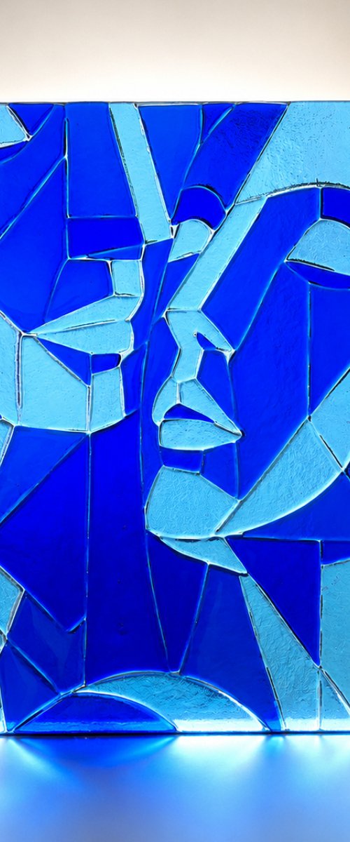 Blue Lovers, Fused Glass Portrait by Oksana Saladino