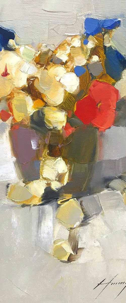 Vase of Pansies, Oil painting by Palette Knife, One of a kind, Handmade artwork by Vahe Yeremyan