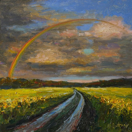 Rainbow Over The Wet Road - sunny summer landscape painting