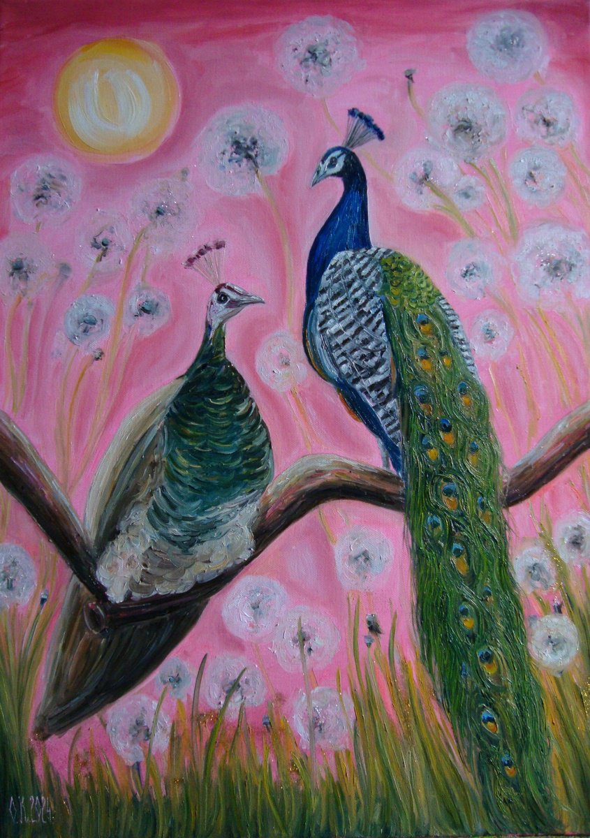 Impressionistic Animal Oil Painting By Olga Knezevic, 20 X 28", Pair Of Peacocks, Original Artwork