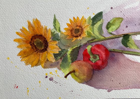 Sunflowers, pepper and pear