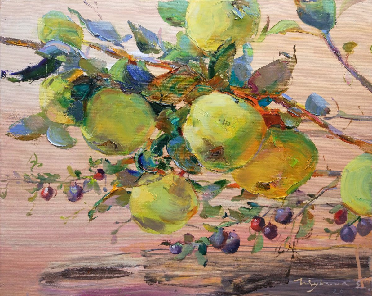 Botanical Oil Painting By Helen Shukina, 20 X 16, Quince And Plum, Original Artwork