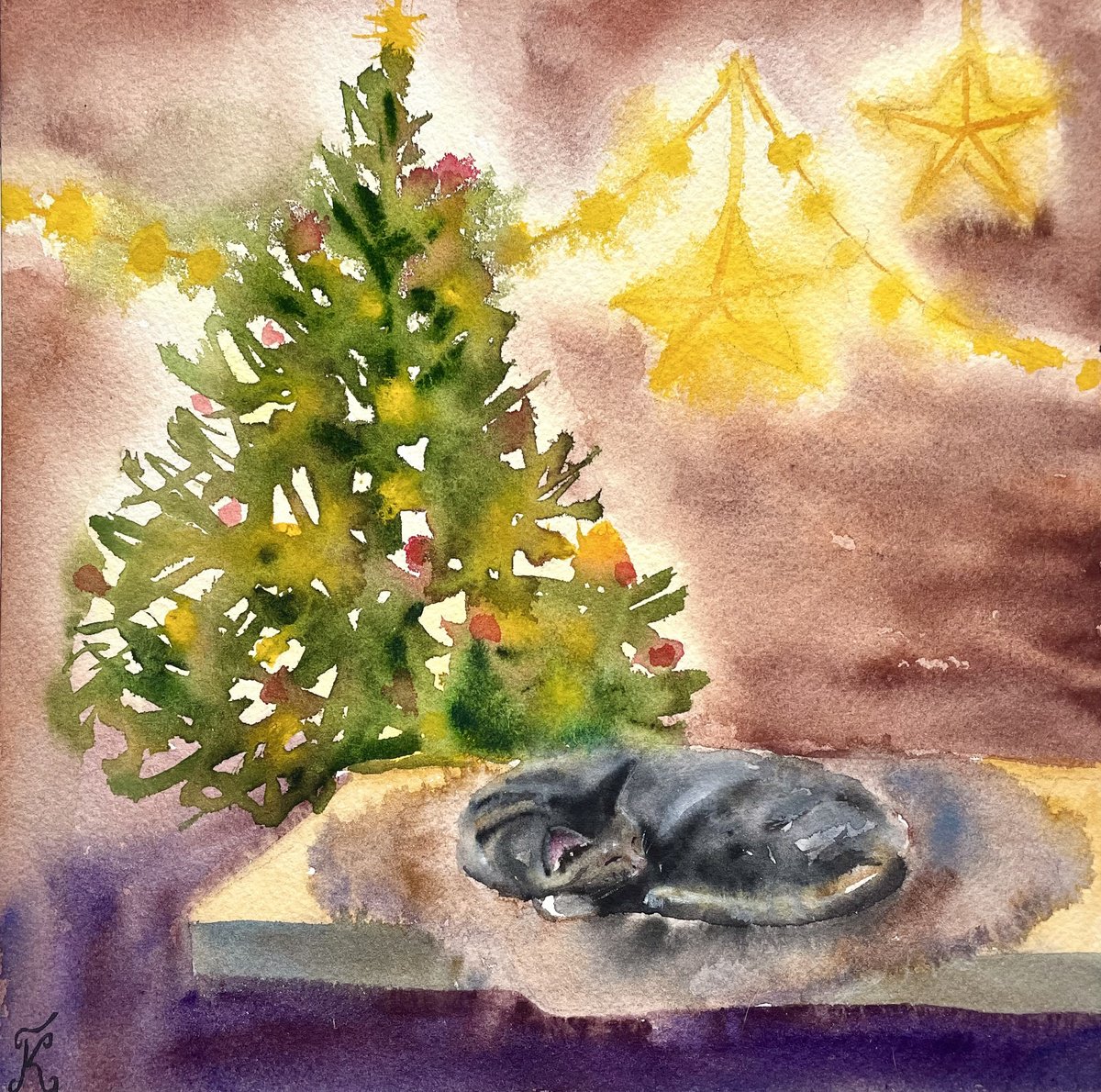 Christmas Cat Watercolor Painting, Winter Holiday Original Artwork, Cozy Home Decor, Chris... by Kate Grishakova