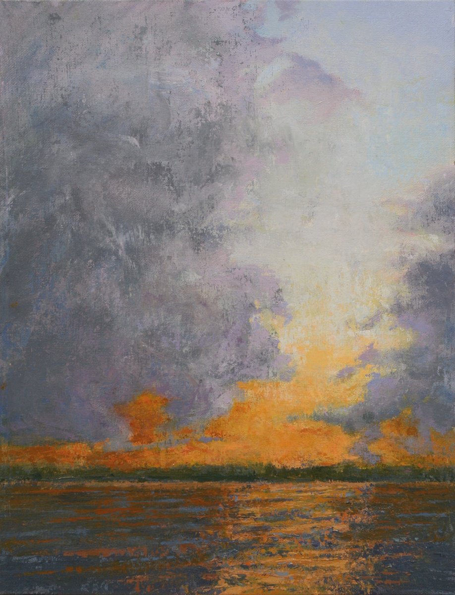 Impressionistic Landscape Acrylic Painting By John Fleck, 20 X 24, Clouds Over Lake, Original Artwork