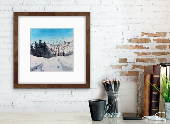 Sunny day in the mountains. Winter landscape. Original watercolor artwork.