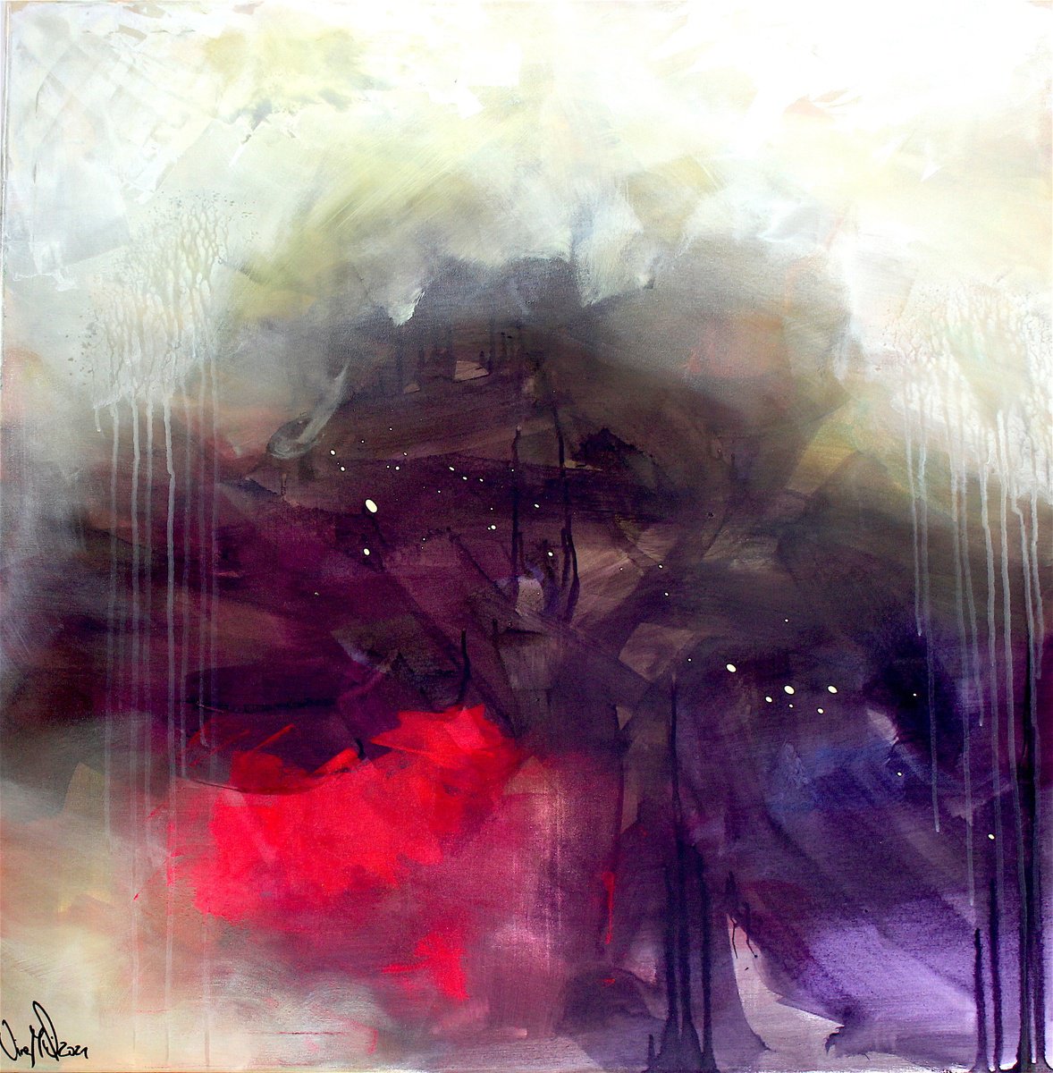 Abstract Acrylic Painting By Nina Mahnik, 39 X 39", Cave Life, Original Artwork